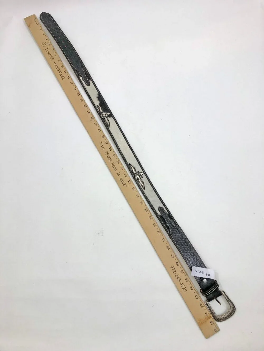 Western leather Belt Size 38 Black & Ivory Fur Silvertone Buckle & Longhorn